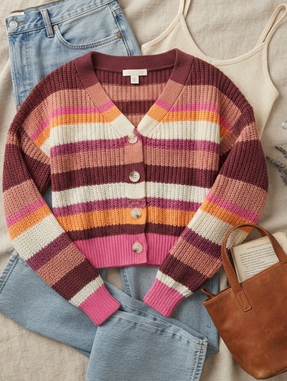 Jessica Simpson Pink Orange Stripe Button Up Chunky Knit Cardigan